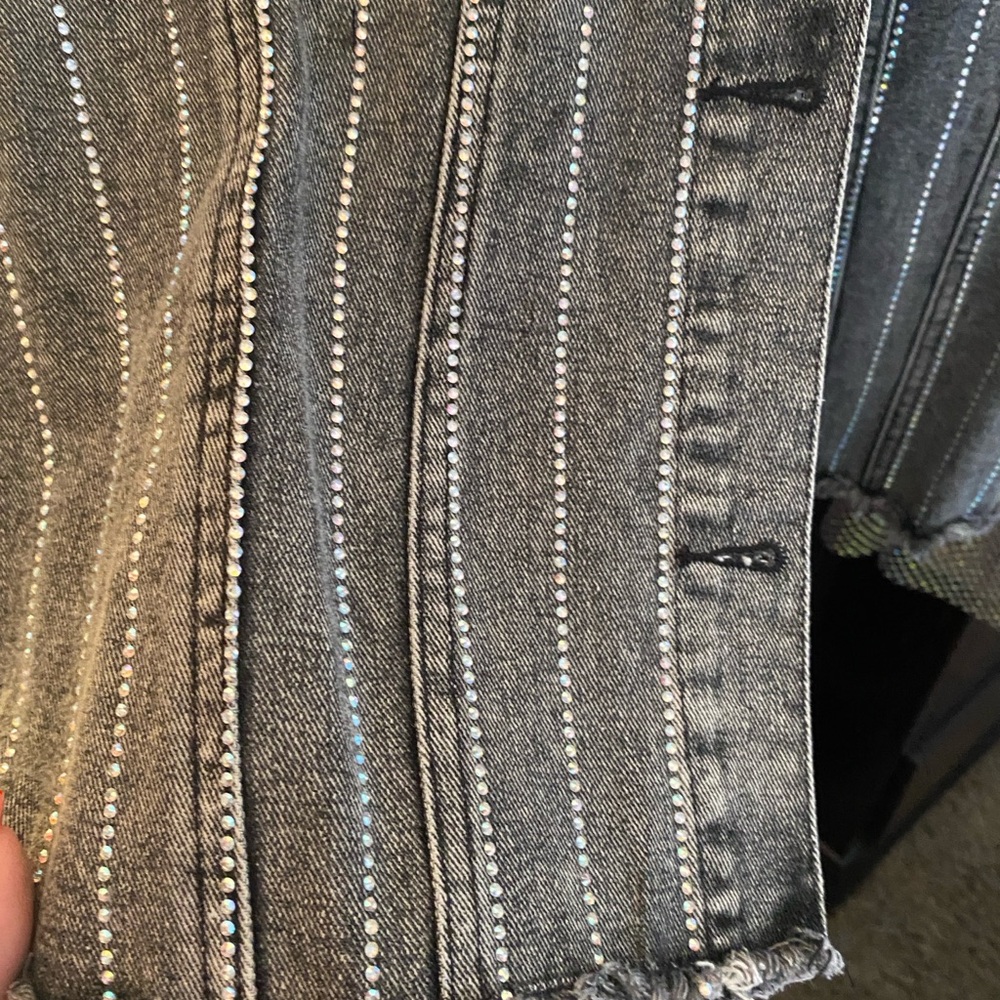 Origami Black Rhinestone Mesh Sleeve Denim Jacket - Picture 3 of 6
